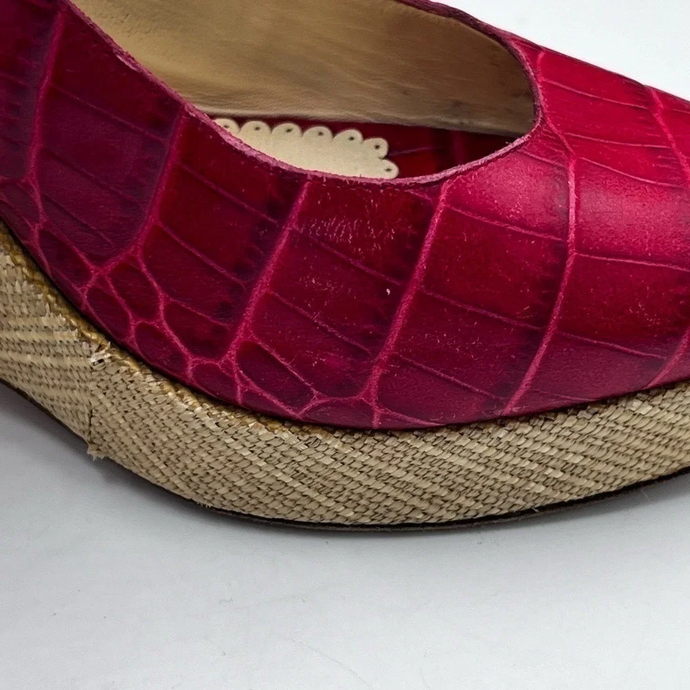 Oscar‎ De LA Renta Womens Red Print Leather Peep-Toe Slingback Wedge 39.5/US 8.5
